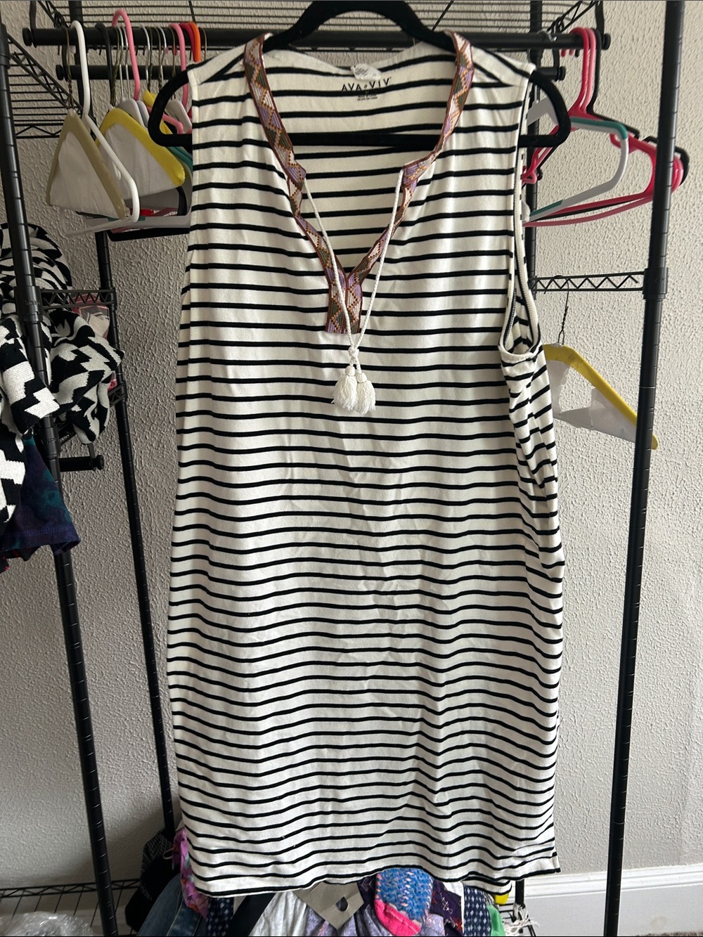 Avia Black & White Striped Tassel V-Neck Midi Dress